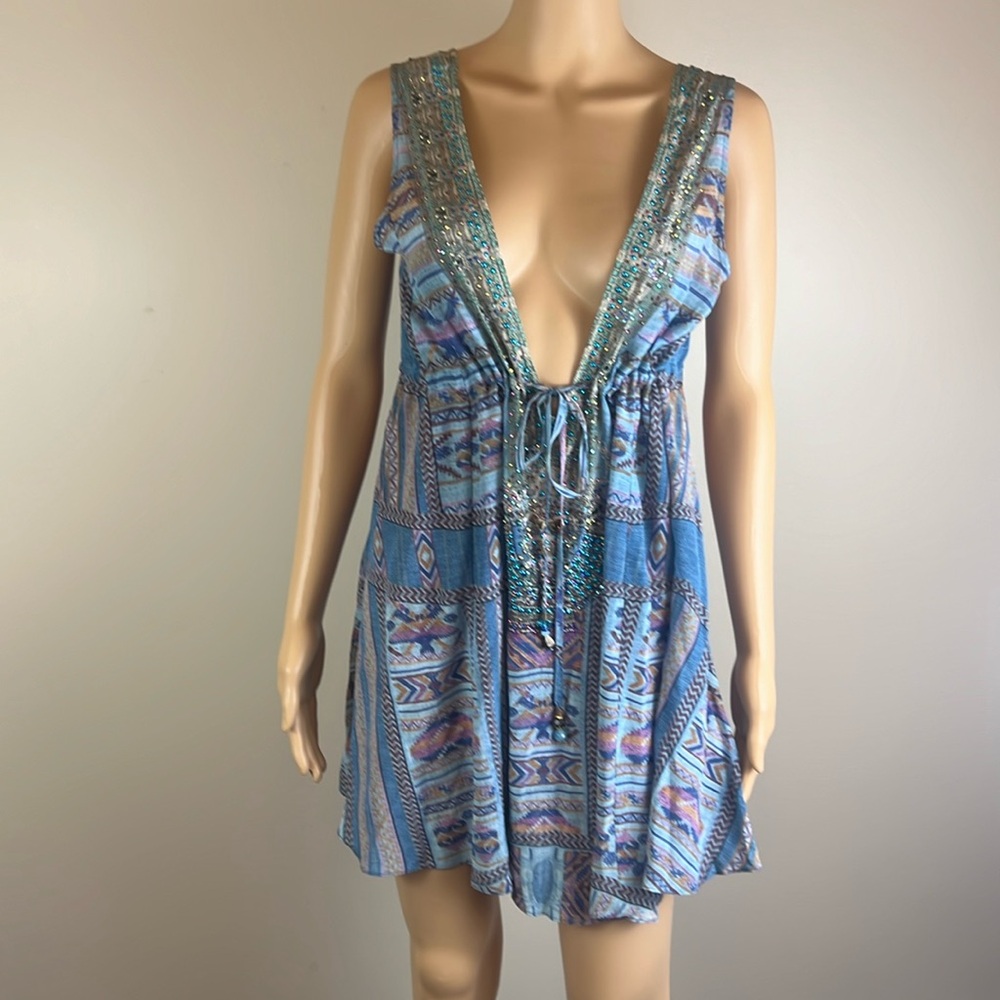 Camilla Embellished 100% Silk V-Neck Boho Mini Dress
